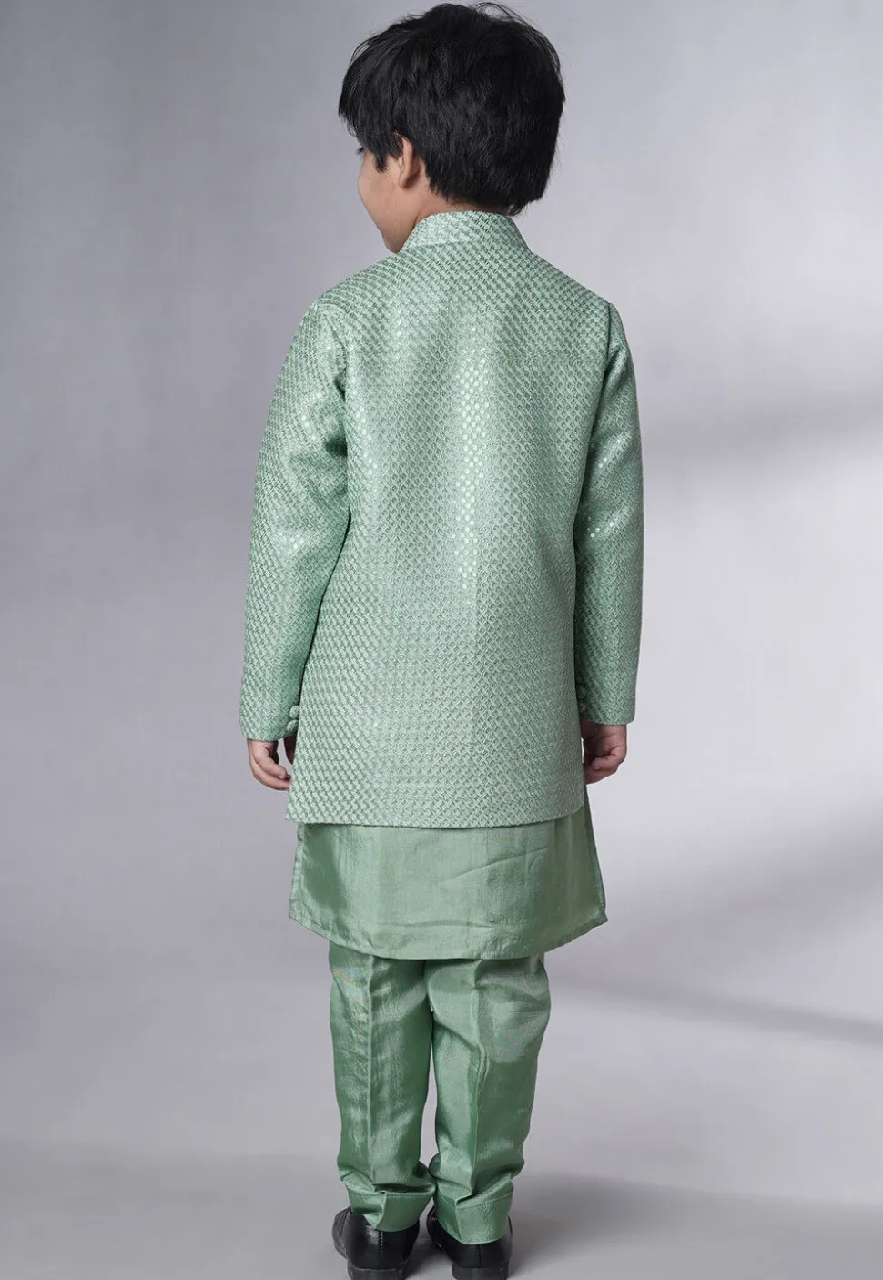 Embroidered Uppada Silk Sherwani Set in Dusty Green