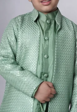 Embroidered Uppada Silk Sherwani Set in Dusty Green