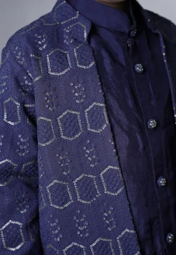 Embroidered Uppada Silk Sherwani in Navy Blue