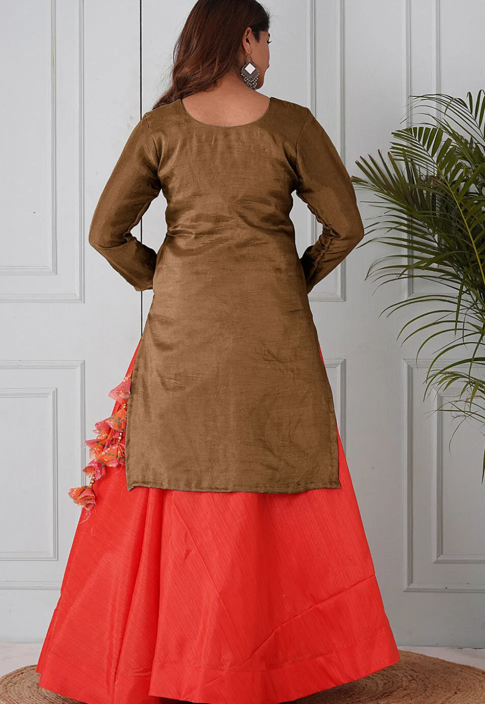Embroidered Uppada Silk Straight Kurta Set in Brown