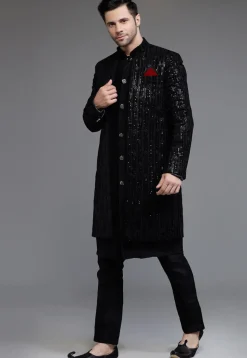 Embroidered Uppada Silk Sherwani in Black