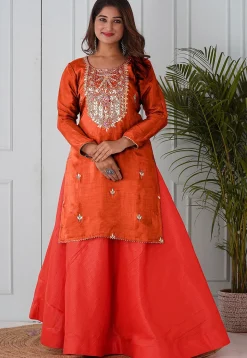 Embroidered Uppada Silk Straight Kurta Set in Orange