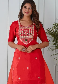 Embroidered Uppada Silk Straight Kurta in Red
