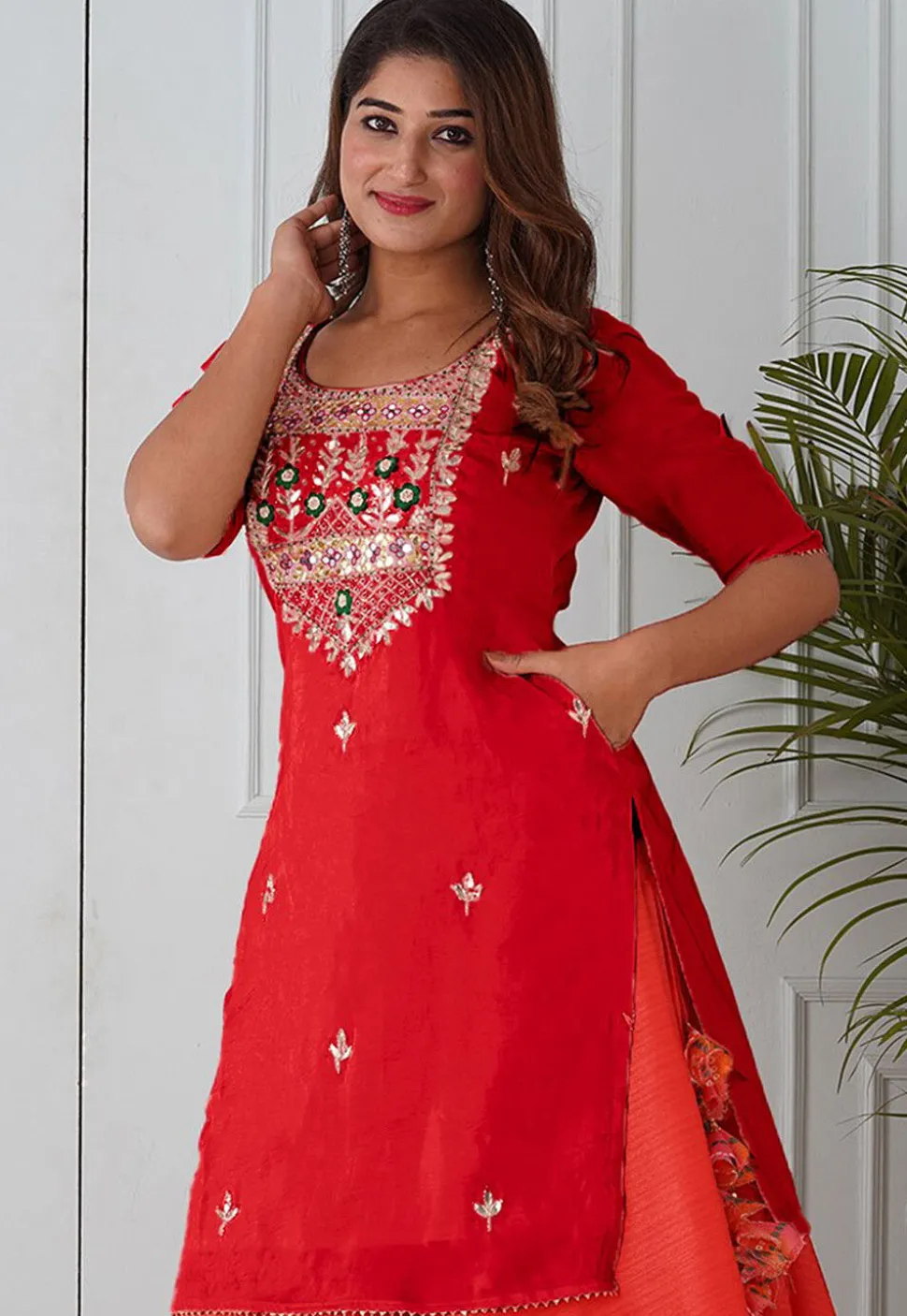Embroidered Uppada Silk Straight Kurta in Red