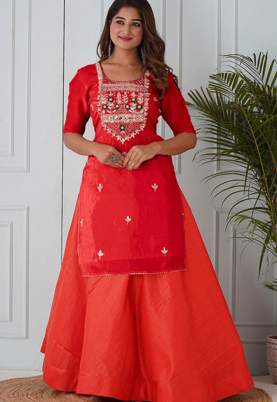 Embroidered Uppada Silk Straight Kurta in Red