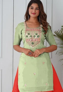 Embroidered Uppada Silk Straight Kurta in Pastel Green