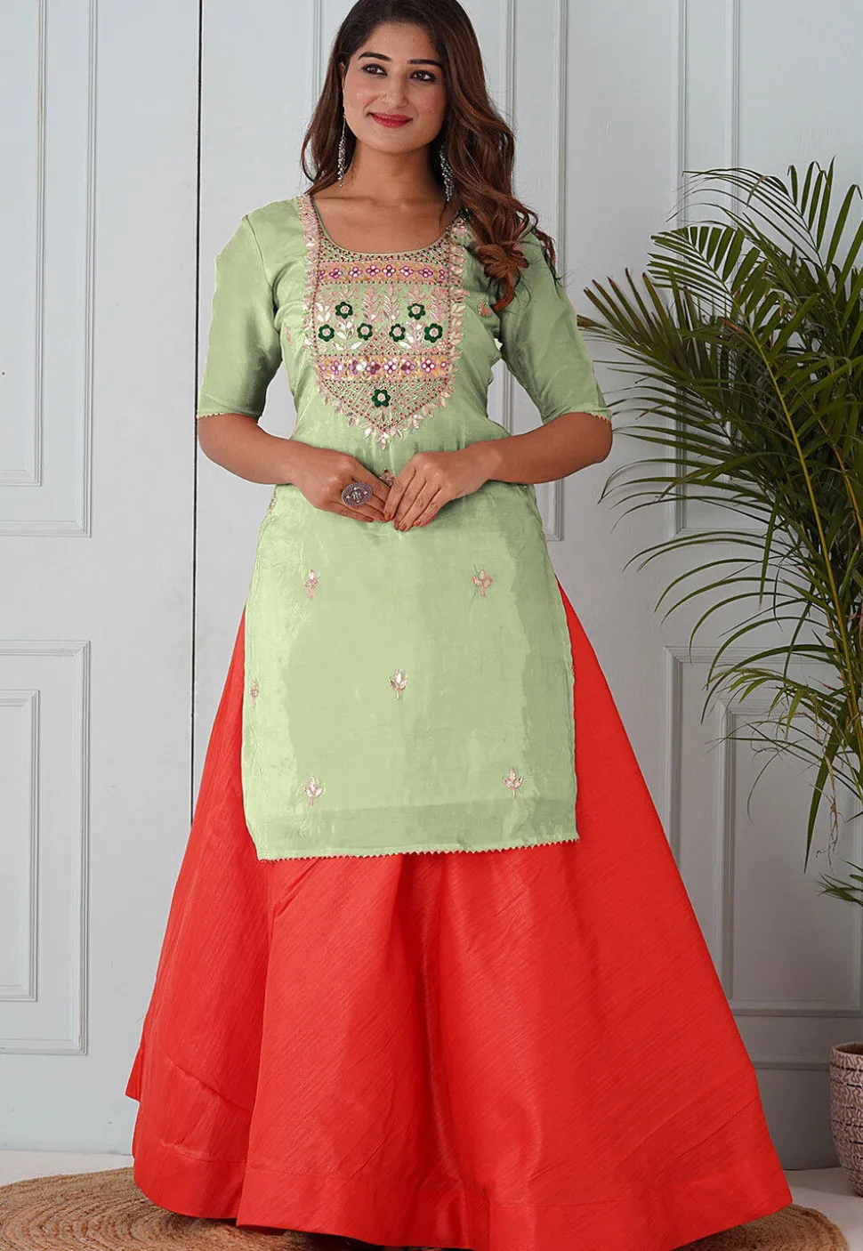 Embroidered Uppada Silk Straight Kurta in Pastel Green