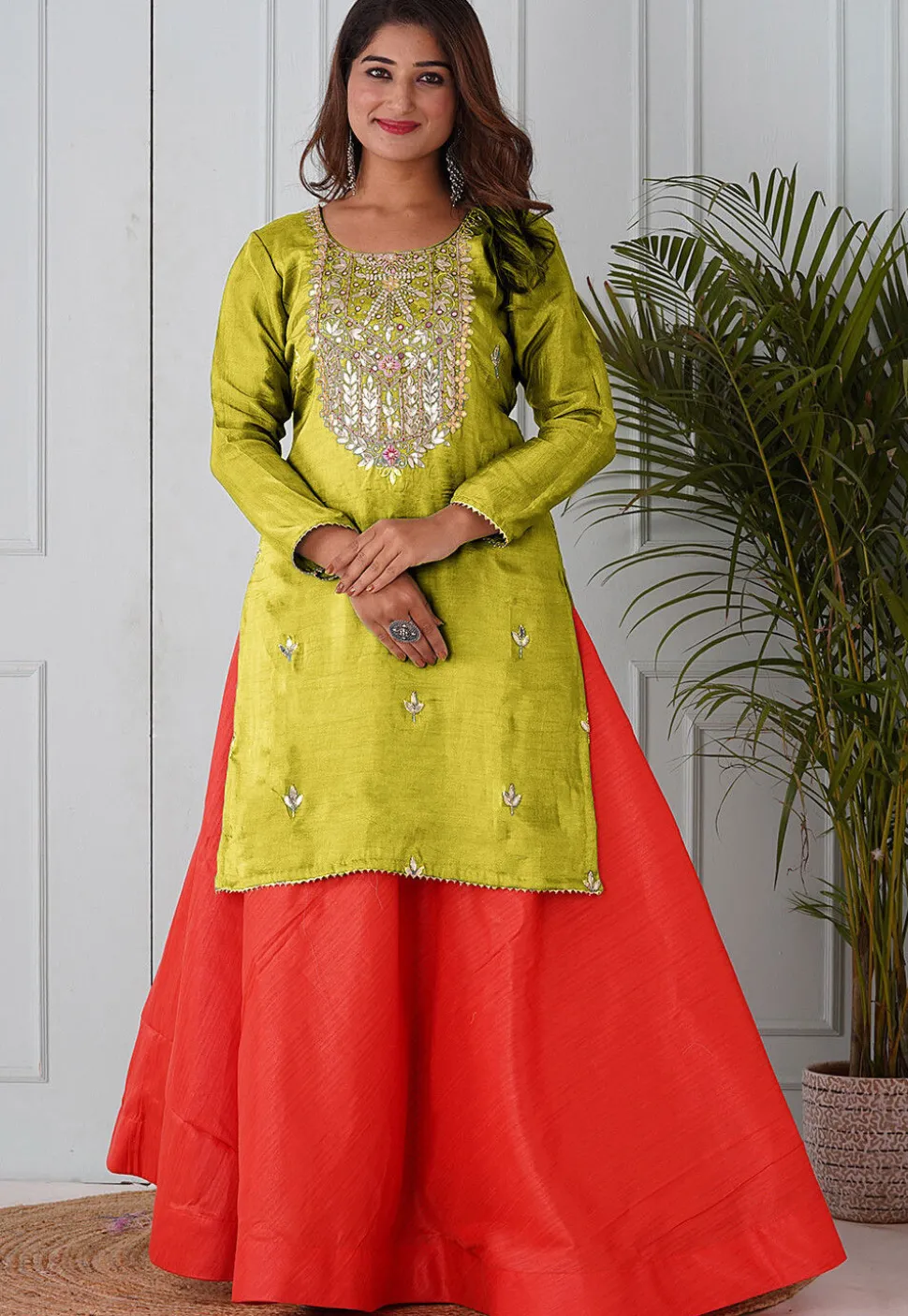 Embroidered Uppada Silk Straight Kurta Set in Light Olive Green