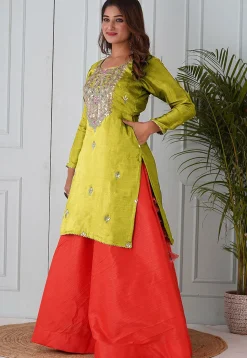 Embroidered Uppada Silk Straight Kurta Set in Light Olive Green