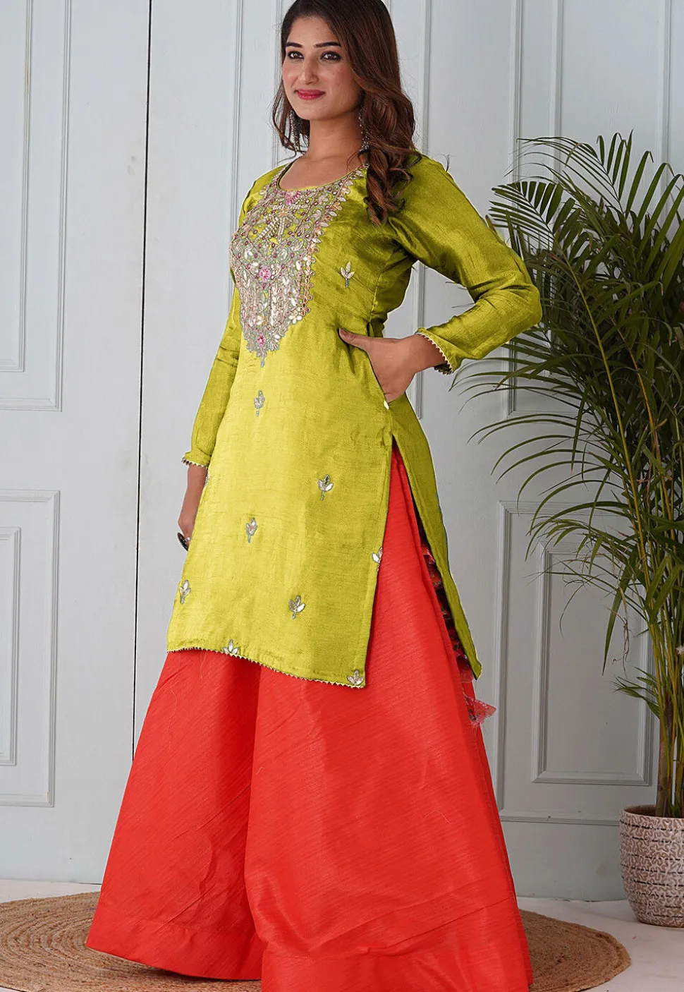 Embroidered Uppada Silk Straight Kurta Set in Light Olive Green
