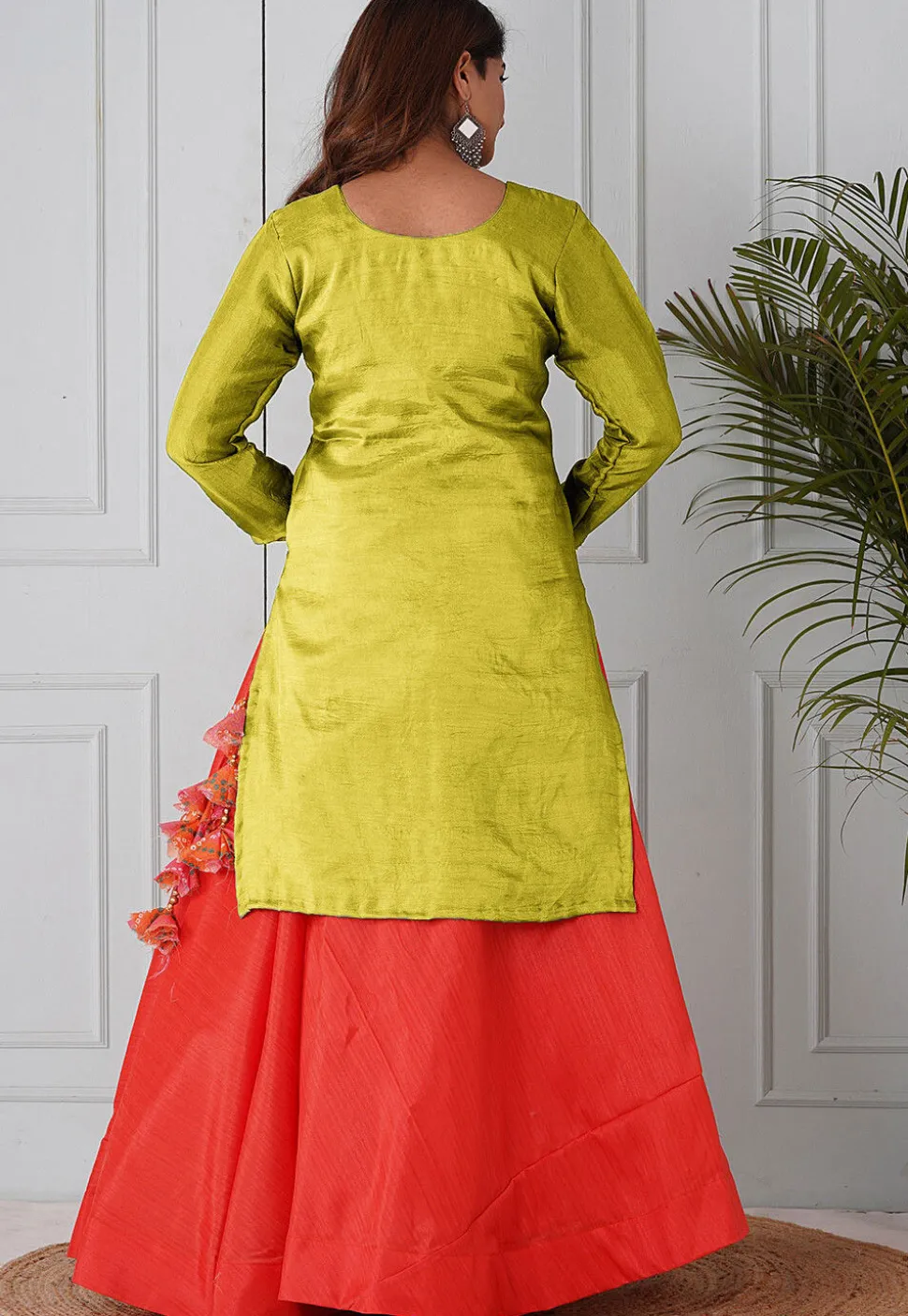 Embroidered Uppada Silk Straight Kurta Set in Light Olive Green