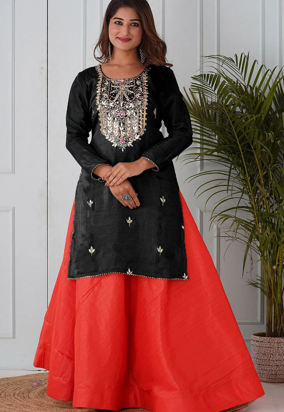 Embroidered Uppada Silk Straight Kurta Set in Black