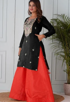 Embroidered Uppada Silk Straight Kurta Set in Black