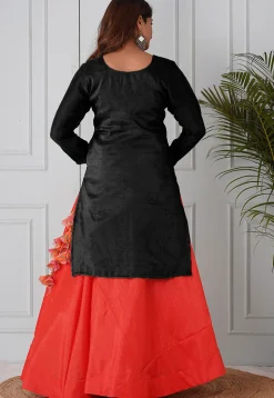 Embroidered Uppada Silk Straight Kurta Set in Black