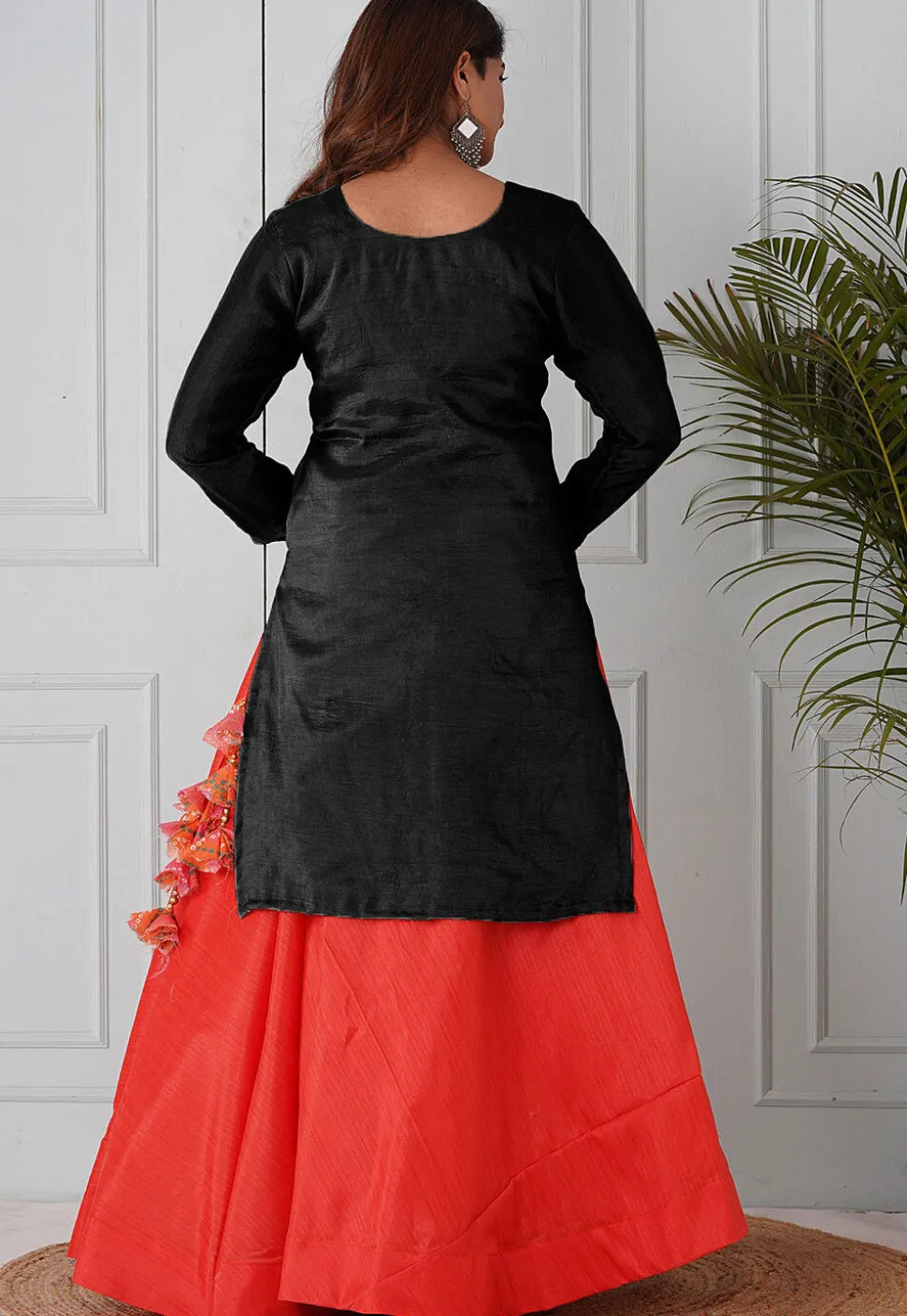 Embroidered Uppada Silk Straight Kurta Set in Black