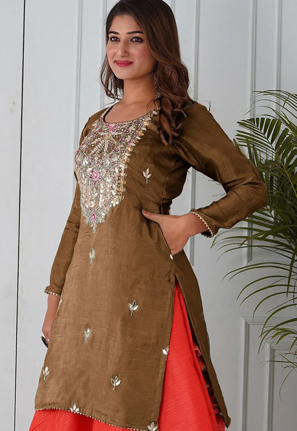 Embroidered Uppada Silk Straight Kurta in Brown