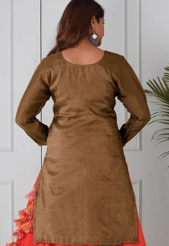 Embroidered Uppada Silk Straight Kurta in Brown