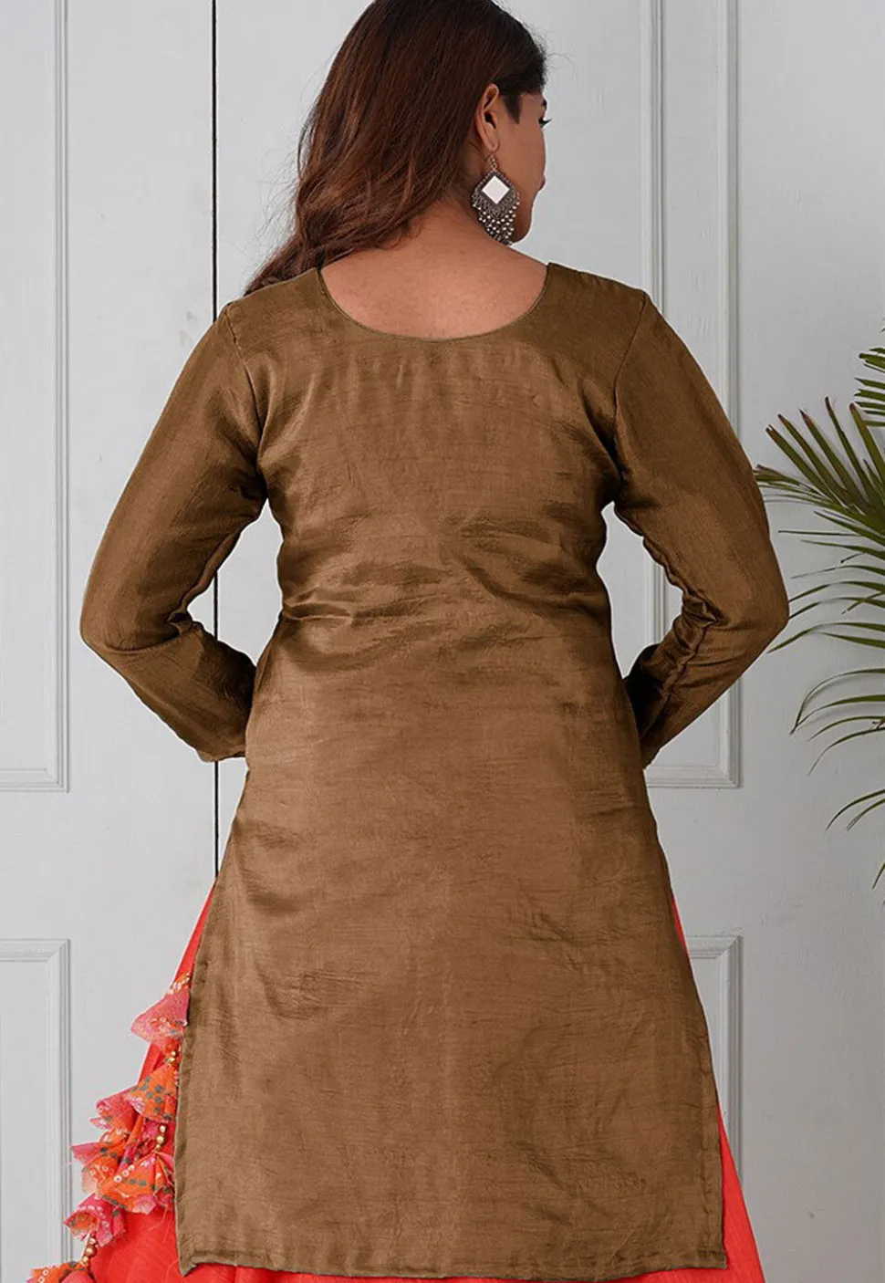 Embroidered Uppada Silk Straight Kurta in Brown