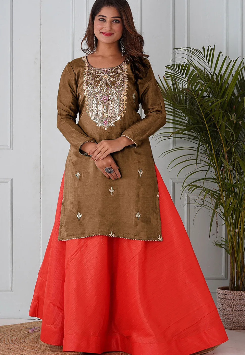 Embroidered Uppada Silk Straight Kurta in Brown