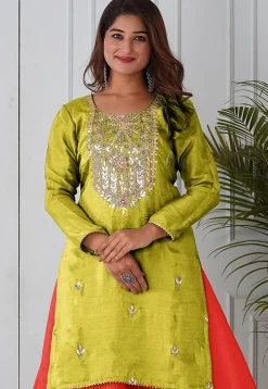 Embroidered Uppada Silk Straight Kurta in Light Olive Green