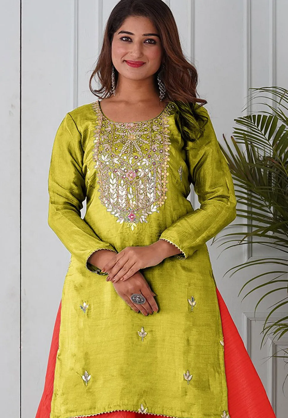 Embroidered Uppada Silk Straight Kurta in Light Olive Green