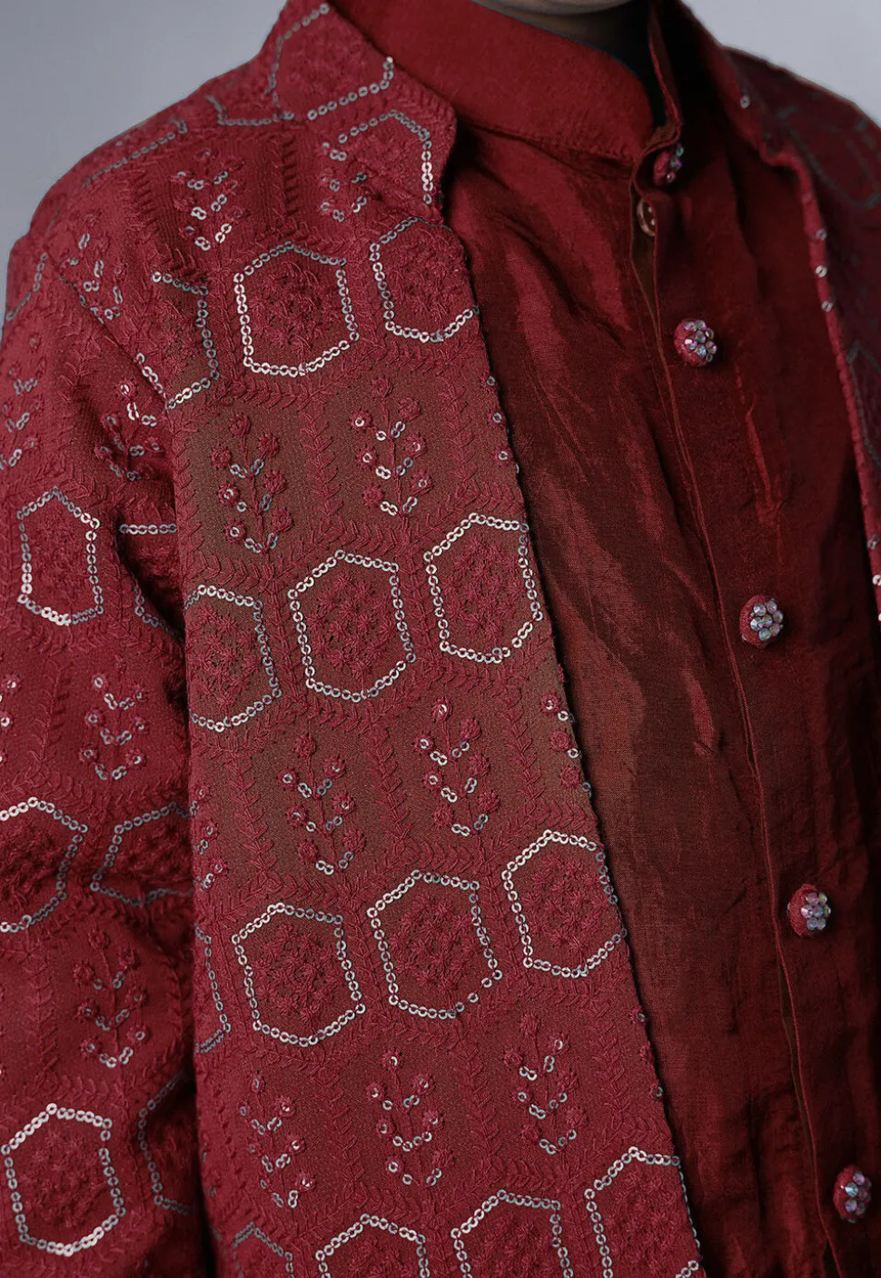Embroidered Uppada Silk Sherwani in Maroon
