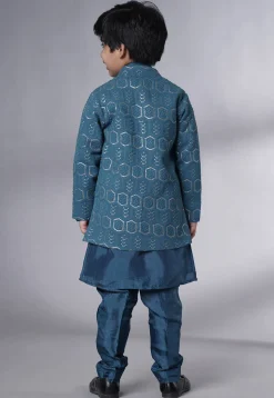 Embroidered Uppada Silk Sherwani Set in Teal Blue