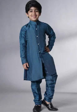 Embroidered Uppada Silk Sherwani Set in Teal Blue