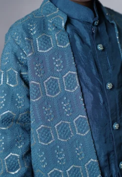 Embroidered Uppada Silk Sherwani Set in Teal Blue