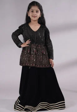 Embroidered Velvet A Line Kurta Set in Black