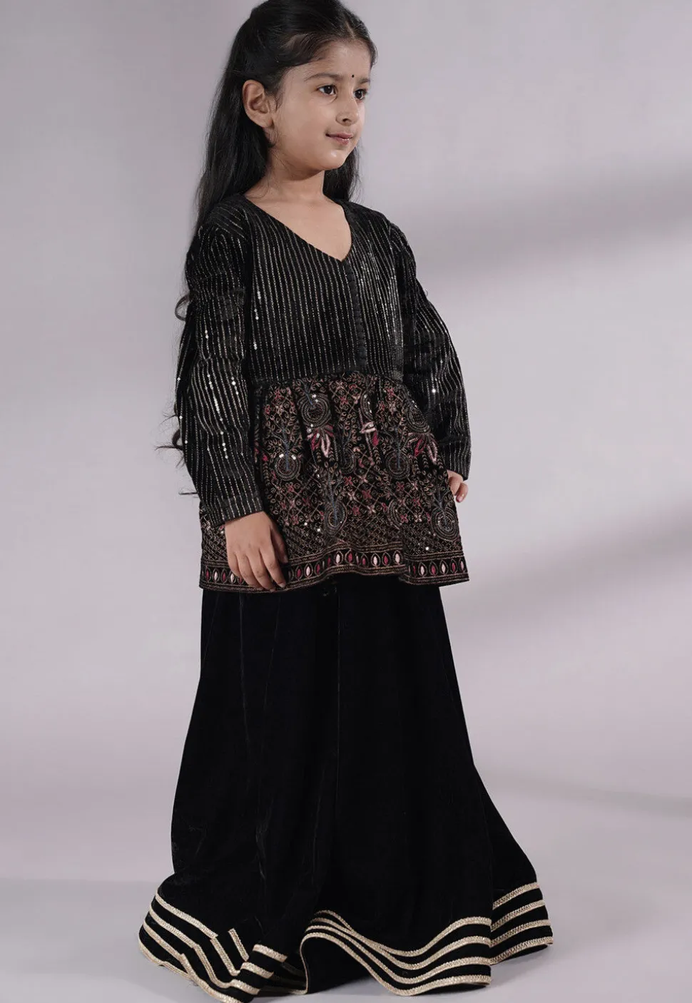 Embroidered Velvet A Line Kurta Set in Black