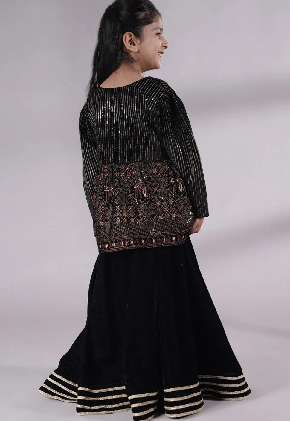 Embroidered Velvet A Line Kurta Set in Black