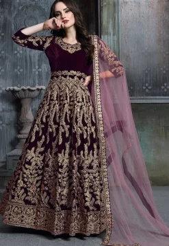 Embroidered Velvet Abaya Style Suit in Wine