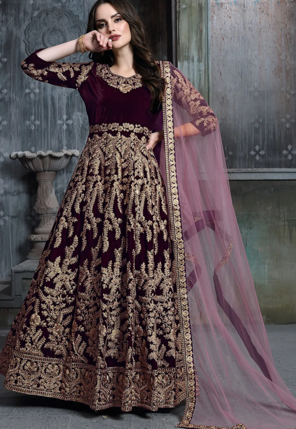Embroidered Velvet Abaya Style Suit in Wine
