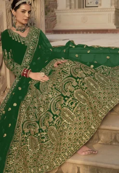 Embroidered Velvet Abaya Style Suit in Green