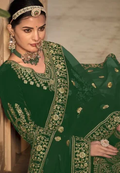 Embroidered Velvet Abaya Style Suit in Green