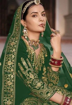 Embroidered Velvet Abaya Style Suit in Green
