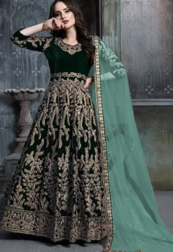 Embroidered Velvet Abaya Style Suit in Dark Green