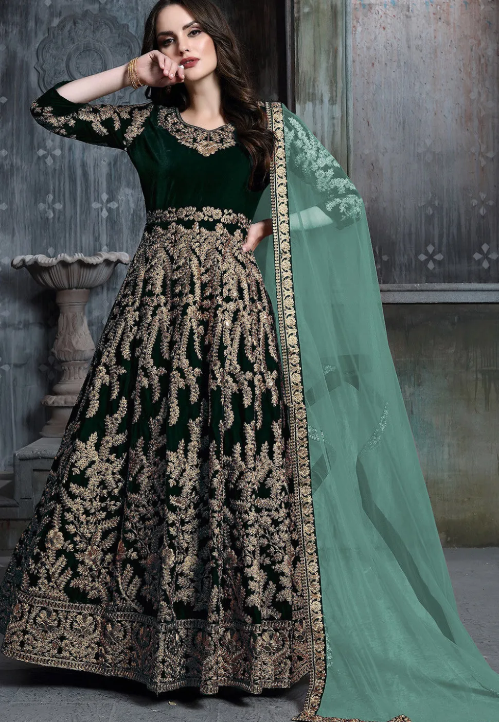 Embroidered Velvet Abaya Style Suit in Dark Green