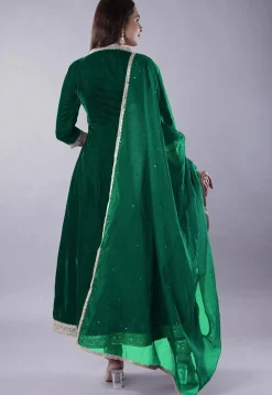 Embroidered Velvet Anarkali Suit in Dark Green