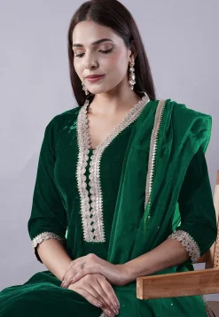 Embroidered Velvet Anarkali Suit in Dark Green