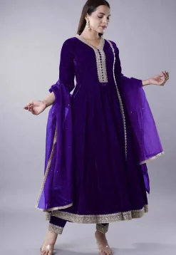Embroidered Velvet Anarkali Suit in Dark Purple