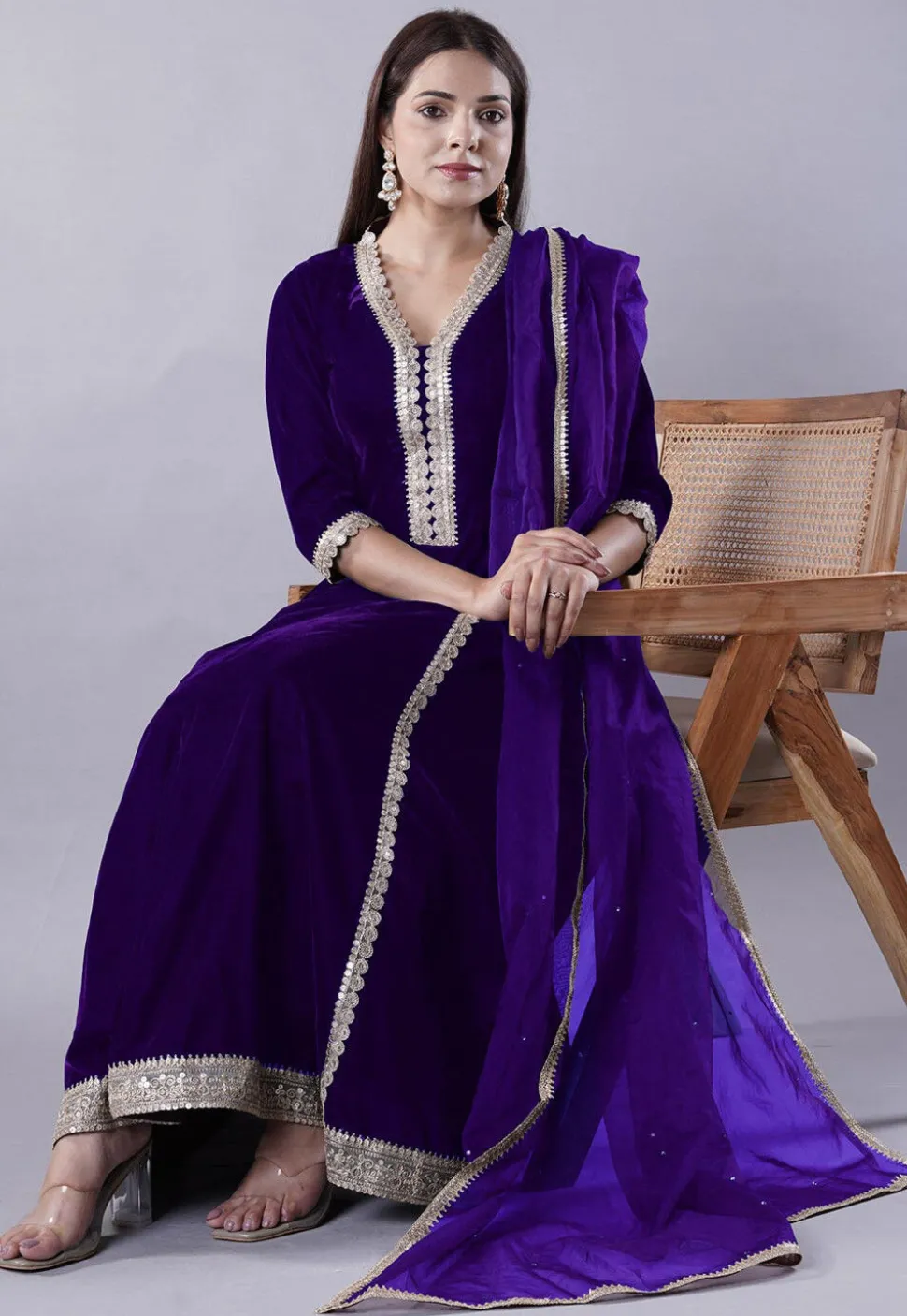 Embroidered Velvet Anarkali Suit in Dark Purple