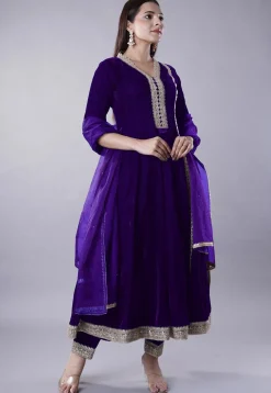 Embroidered Velvet Anarkali Suit in Dark Purple