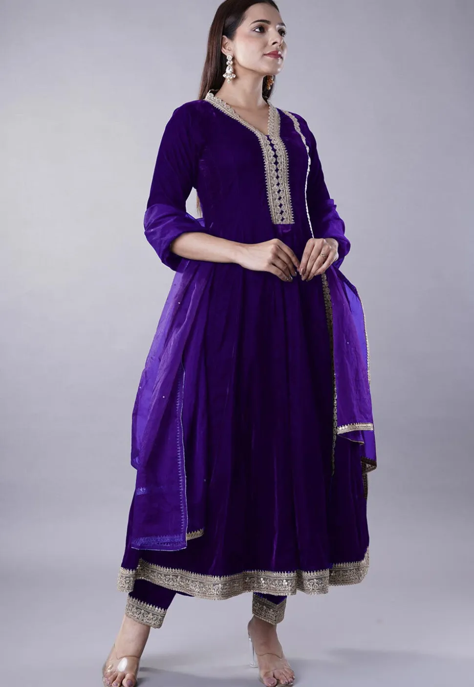 Embroidered Velvet Anarkali Suit in Dark Purple