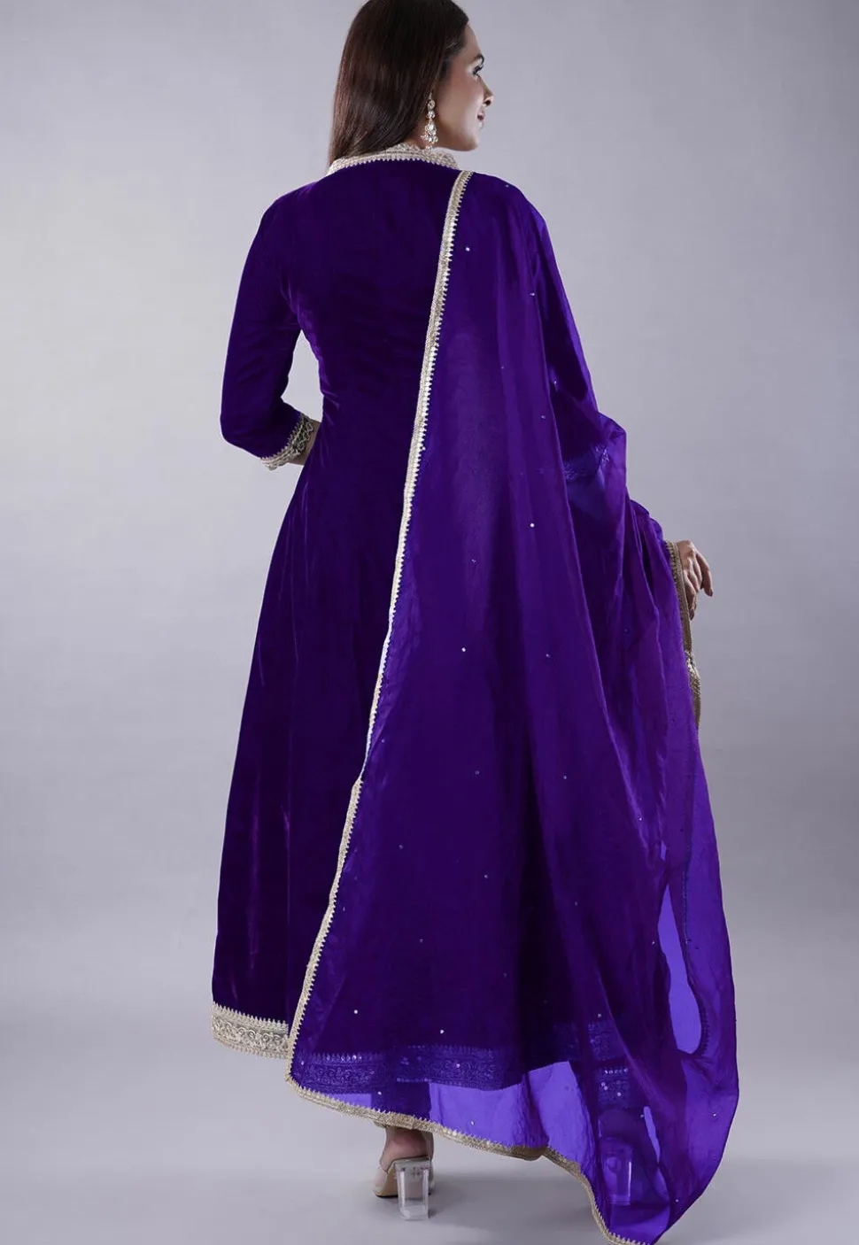 Embroidered Velvet Anarkali Suit in Dark Purple