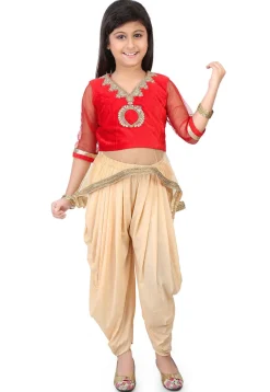 Embroidered Velvet and Net Top with Dhoti Pant in Red