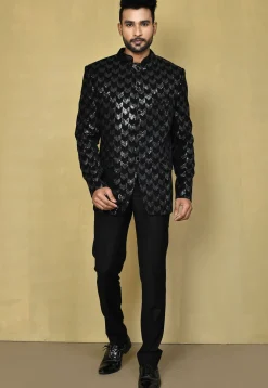 Embroidered Velvet Bandhgala Set in Black