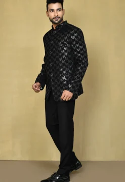Embroidered Velvet Bandhgala Set in Black