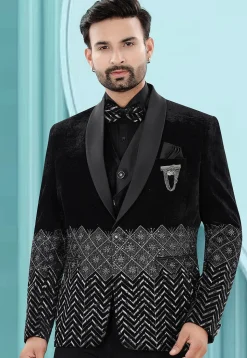 Embroidered Velvet Blazer in Black